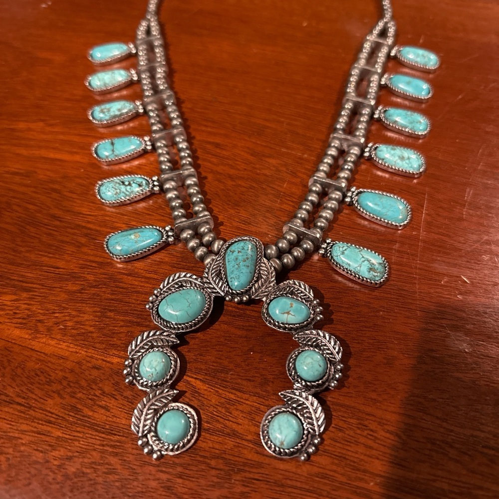 Large Faux Turquoise and Silver Squash Blossom Necklace